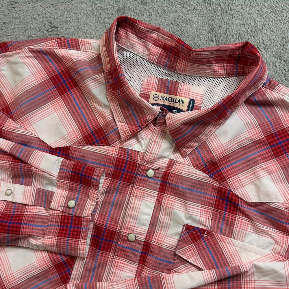 Magellan Outdoors Mens 2XL Red Plaid Fishing Shirt Long Sleeve Pearl Snap Up